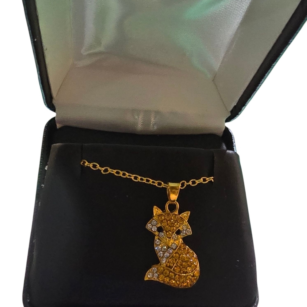 Gold Fox Pendant Necklace With Gemstones, NWOT